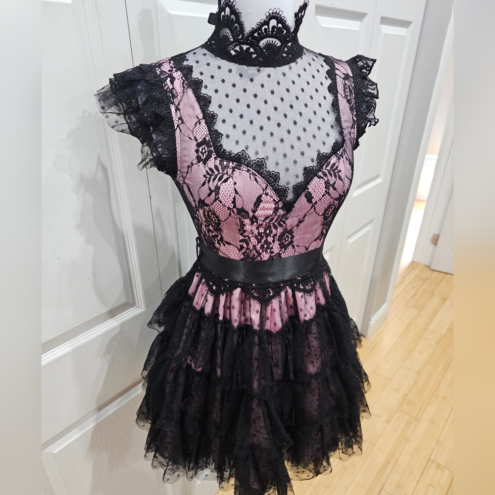 Dolls Kill Unholy Goth Rehearsal Party Pink Black Tiered Lace Mini Dress XS - Picture 6 of 9